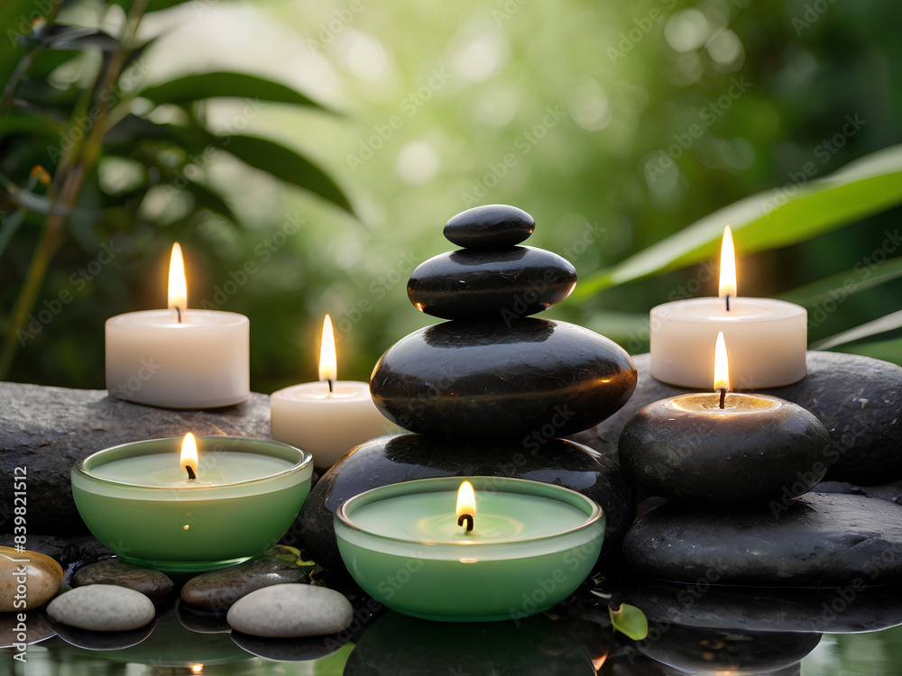 Spa set with stones, candles, and natural oils against a green garden background Spa set with stones, candles, and natural oils against a green garden background