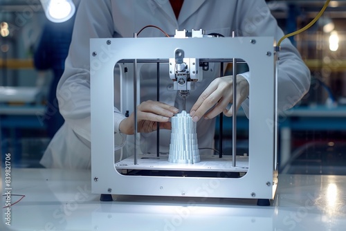 A person in a lab coat uses a 3D printer to create a detailed, intricate object under a bright light. Created with Generative AI. photo