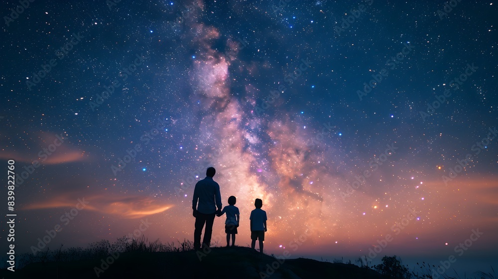 Family Star Gazing and Sharing Awe of Constellations in Tranquil Night Landscape Family Star Gazing and Sharing Awe of Constellations in Tranquil Night Landscape