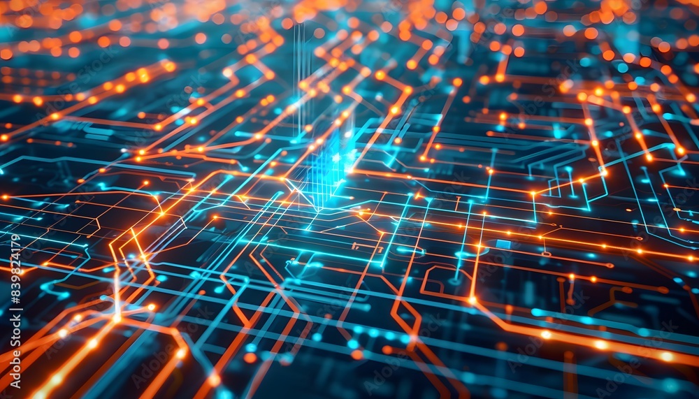Fototapeta premium Futuristic digital circuit board with glowing particles. Advanced tech concept.