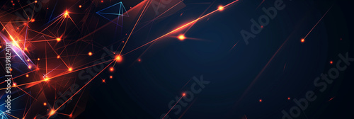 Abstract banner background with glowing red and blue polygonal shapes and orange lines on a dark background 