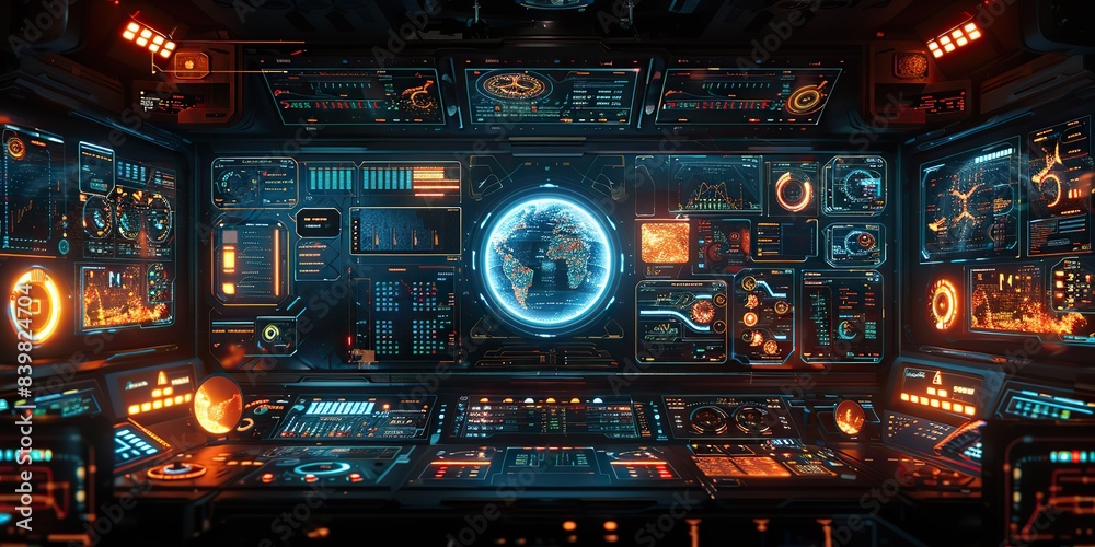 A high-tech interface with transparent screens and floating data panels. A high-tech interface with transparent screens and floating data panels.