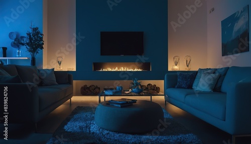 Modern living Interior At Night With Neon Light. Messy Bed, Clothes In Closet, Armchairs And Floor Lamp.