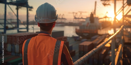 Port security worker in orange vest and white helmet looking at cargo containers, overlooking the harbor with cranes and ships background photo