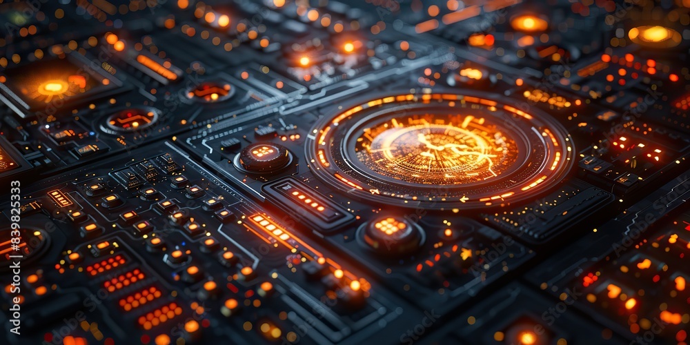 A futuristic interface with layered holographic displays and virtual elements.