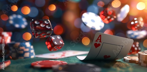 Poker cards, dice and chips flying on the table. with bokeh view