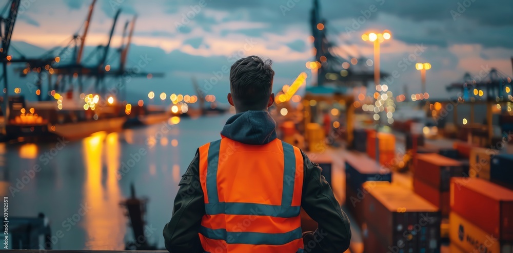 Gritty industrial scene of port with cargo containers and cranes, professional worker in high vis vest overlooking harbor at dusk, back view looking over shoulder towards camera Gritty industrial scene of port with cargo containers and cranes, professional worker in high vis vest overlooking harbor at dusk, back view looking over shoulder towards camera