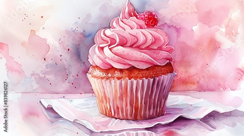 Watercolor illustration of a delicate cupcake with intricate frosting, pastel colors and elegant presentation