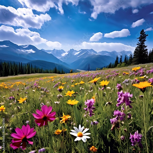 photo of a colorful wildflower meadow stretching towards snow-capped mountains in the distance