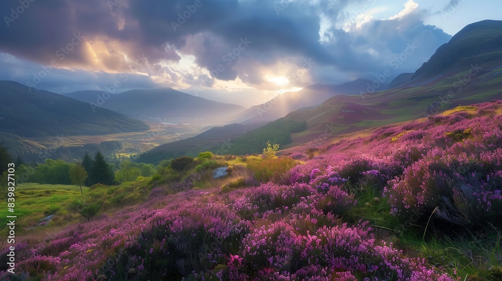 Scenic view of a highland landscape, rolling hills covered in heather, and a dramatic cloudy sky Scenic view of a highland landscape, rolling hills covered in heather, and a dramatic cloudy sky