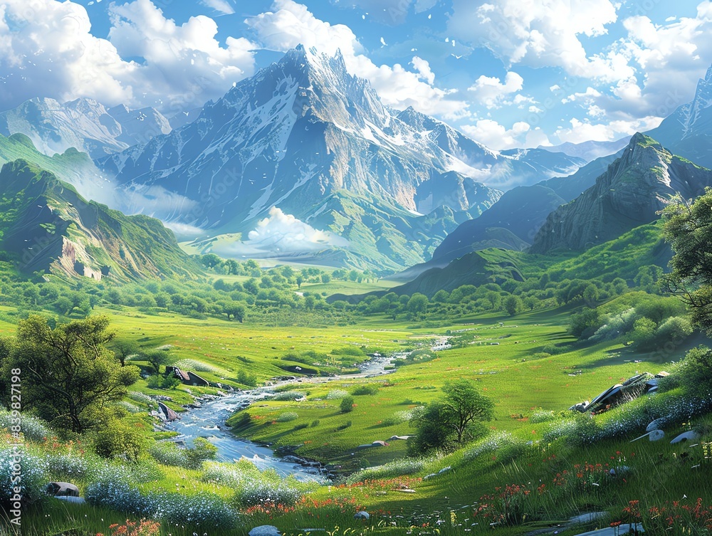 Fototapeta premium Scenic mountain valley with a winding river, lush green meadows, and towering peaks, serene and breathtaking