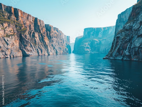 Scenic view of a fjord, steep cliffs, calm waters, and a clear blue sky, breathtaking and serene photo