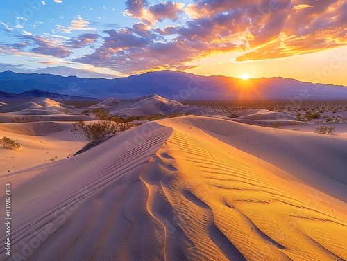 Scenic view of a desert landscape  rolling dunes  and a dramatic sunset casting long shadows