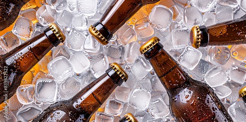 Bottles of beer in ice cubes on the table, top view, closeup, high resolution photography, stock photo, professionally color graded, clean sharp focus.