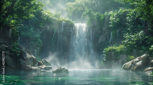 Majestic waterfall cascading into a serene pool  surrounded by lush greenery and rocks  mist in the air