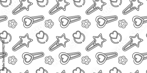 Pattern of kids hairpins and rings on white background. Outline pattern with kids bijouterie in black and white seamless pattern.