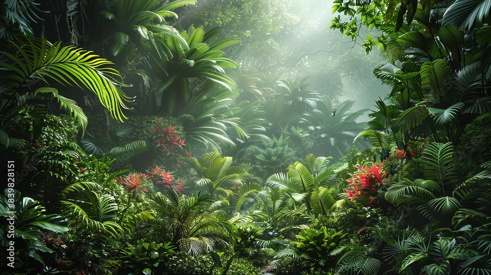 Lush rainforest with towering trees, dense undergrowth, and a vibrant diversity of flora and fauna Lush rainforest with towering trees, dense undergrowth, and a vibrant diversity of flora and fauna