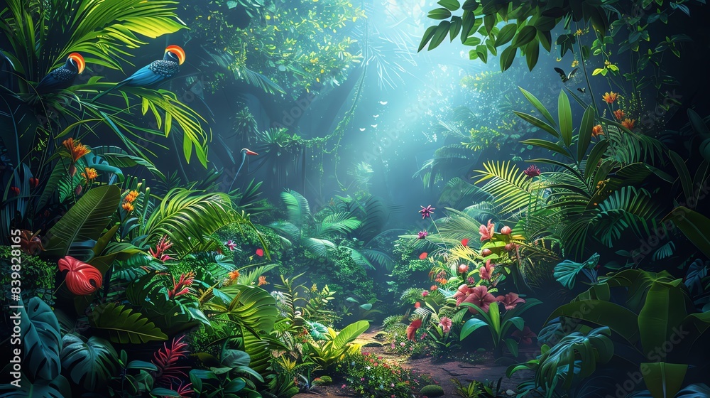 Fototapeta premium Lush jungle with diverse flora and fauna, exotic plants, and colorful birds, vibrant and alive