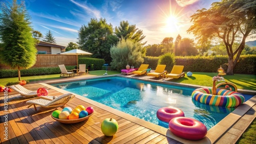 A refreshing outdoor setting featuring a sun-kissed swimming pool surrounded by loungers, inflatables, and pool toys, evoking a sense of fun and summertime leisure.