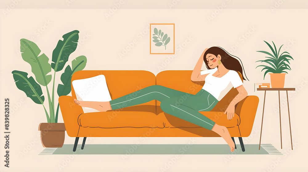 Happy woman relaxing on sofa in living room Happy woman relaxing on sofa in living room