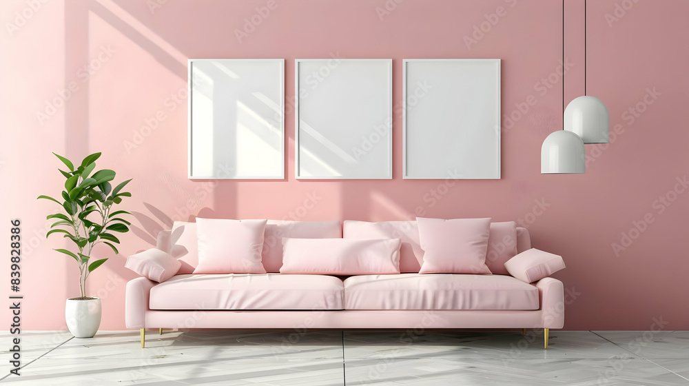 Fototapeta premium Mock up posters, pastel comfortable sofa, Living room