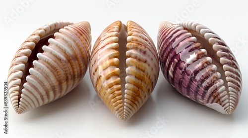 Cowrie or cowry shell, Shell of Monetaria moneta. In Ayurveda, Varatika is used as a powder obtained by calcination of cowries.white background 