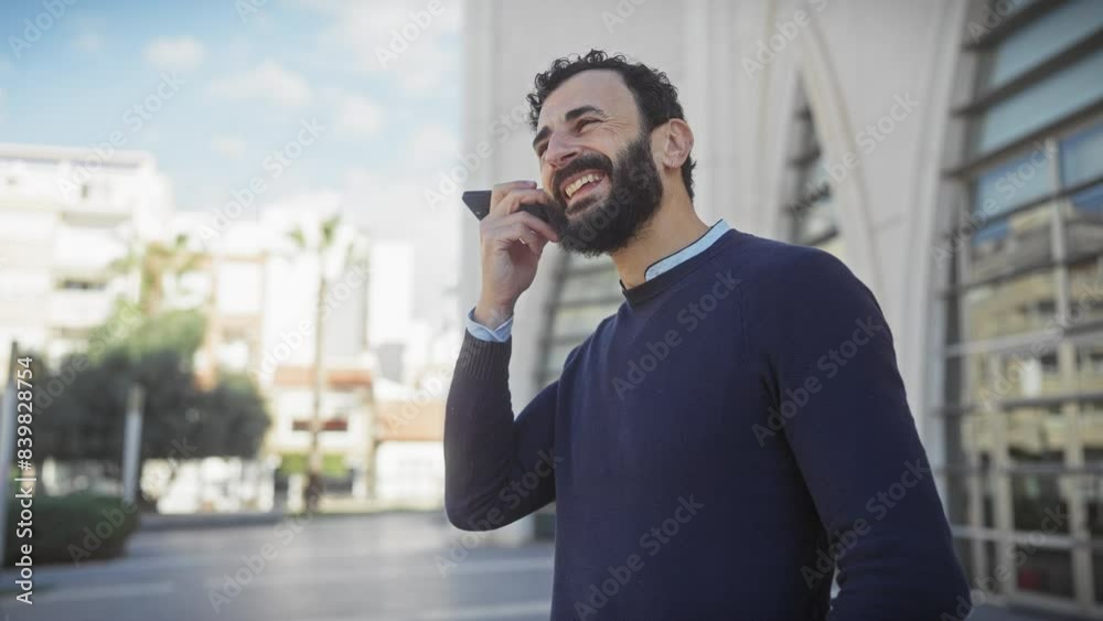 Smiling bearded man talking on phone outdoors in urban setting with palm trees and modern architecture. Smiling bearded man talking on phone outdoors in urban setting with palm trees and modern architecture.
