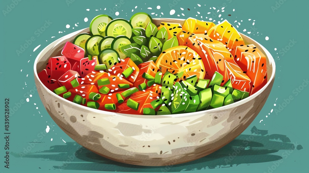 Illustration of a vibrant poke bowl with fresh fish and vegetables, healthy and colorful presentation Illustration of a vibrant poke bowl with fresh fish and vegetables, healthy and colorful presentation