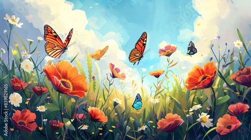 Illustration of a sunny summer garden with butterflies and flowers  bright and lively