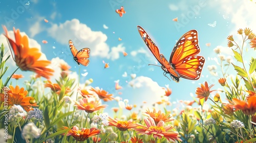 Illustration of a sunny summer garden with butterflies and flowers, bright and lively