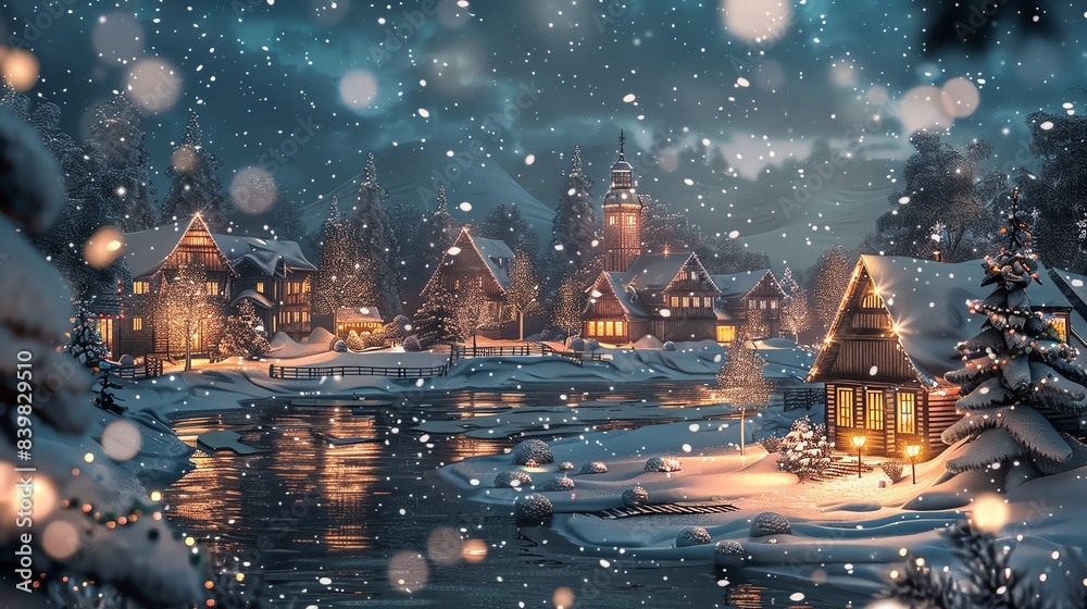 Illustration of a snowy winter village scene with festive lights and decorations, cozy and vibrant Illustration of a snowy winter village scene with festive lights and decorations, cozy and vibrant