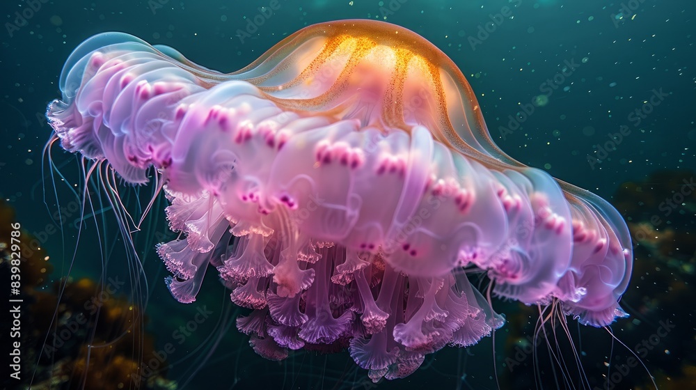 Obraz premium Dangerous jellyfish known as The Mauve Stinger, Pelagia noctiluca floating in mediterranean sea. 