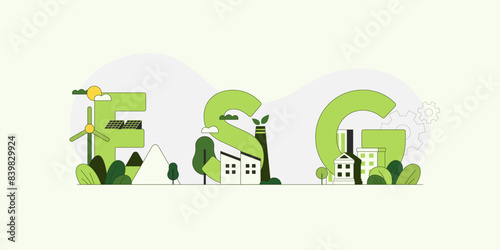 ESG as environmental, social and governance concept.Sustainable of Green ecology and alternative renewable energy. Flat Vector illustration.
