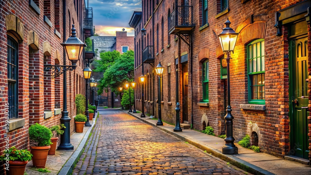 Urban cityscape background with old brick buildings, rustic street lanterns, and a worn sidewalk, perfect for a mature individual's portrait. Urban cityscape background with old brick buildings, rustic street lanterns, and a worn sidewalk, perfect for a mature individual's portrait.