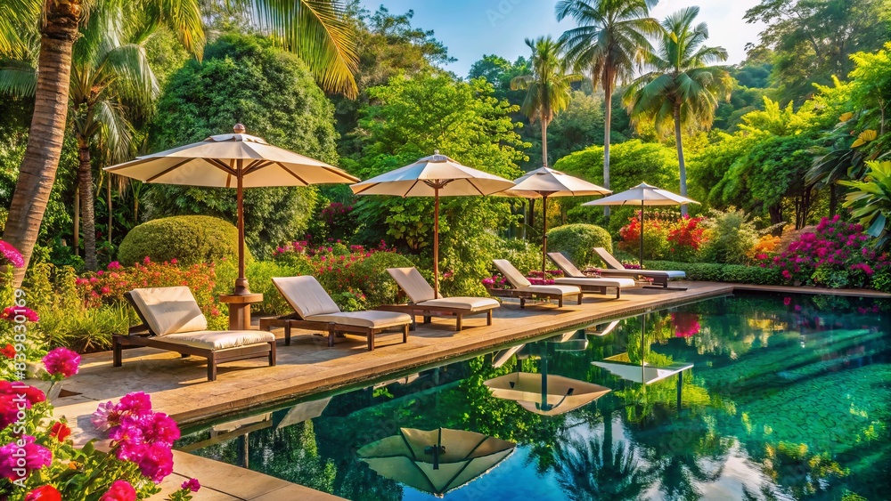 Fototapeta premium Serene poolside setting with lounge chairs and parasol, adorned with lush greenery and vibrant flowers, perfect for a relaxing vacation atmosphere.