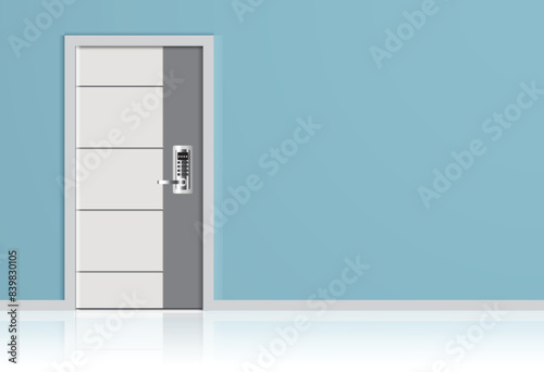 Interior decoration Gray and white door on a blue wall. digital door lock. vector design.