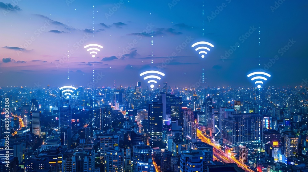 Obraz premium Modern city with wireless network connection and city scape concept. Wireless Signs Encompassing the Globe.