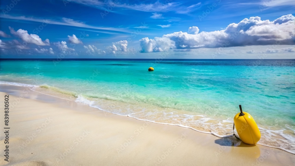 Serene ocean scene with a deserted beach and calm turquoise water, featuring a yellow buoy and a wetsuit abandoned on the sandy shore. Serene ocean scene with a deserted beach and calm turquoise water, featuring a yellow buoy and a wetsuit abandoned on the sandy shore.