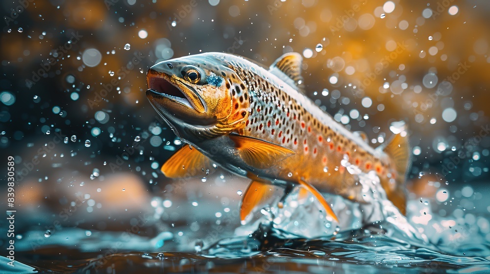 Panoramic Banner with Copy Space: Jumping Rainbow Trout Above Water Panoramic Banner with Copy Space: Jumping Rainbow Trout Above Water
