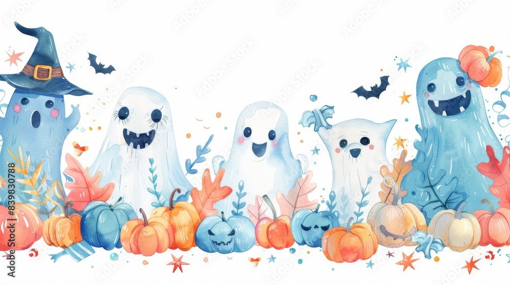 Friendly monsters and ghosts at a Halloween party with watercolor decorations and candy watercolor style Isolated, white background surrounded Generative AI