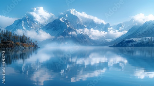 Serene lake mirrors snow-capped peaks at dusk  pastel sky above.