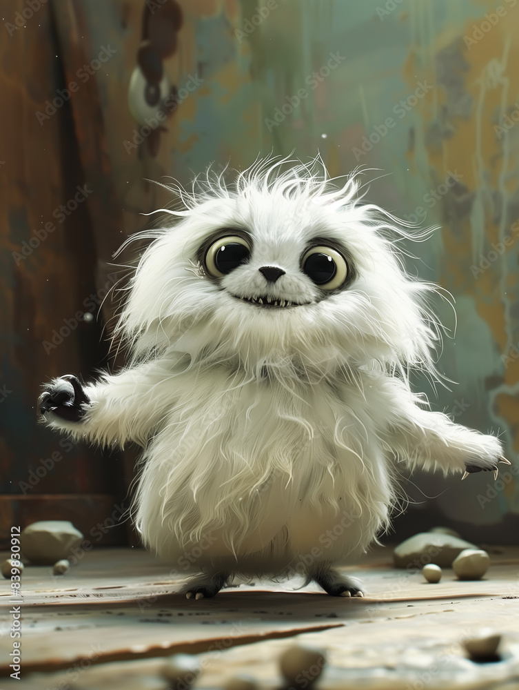 Obraz premium white furry monster illustration, funny cartoon character. Wall Art Poster Print Design for Home Decor, Decoration Artwork, High Resolution Wallpaper & Background for Computer, Smartphone, Cellphone