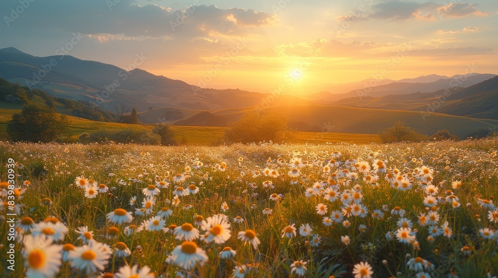 Fototapeta premium Sunrise over a peaceful meadow, dewy wildflowers, and rolling hills beyond.