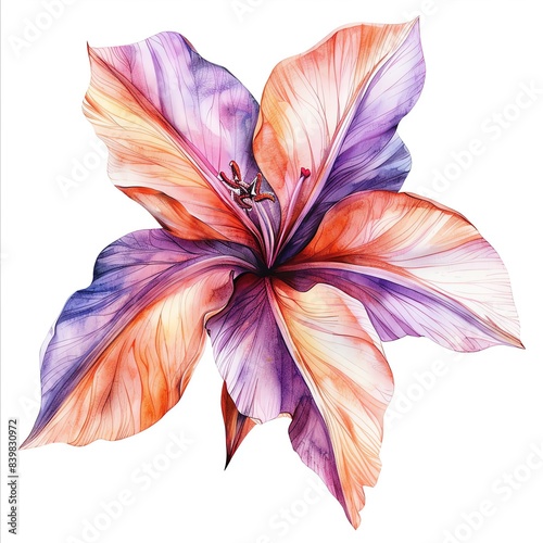 Fototapeta Naklejka Na Ścianę i Meble -  Watercolor painting of a vibrant orange and purple lily flower isolated on white background.
