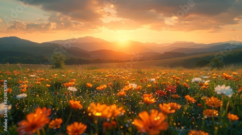 Meadow at dawn, wildflowers glistening with dew, rolling hills in the distance.