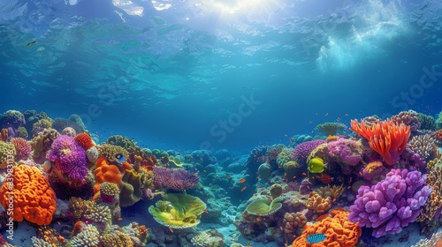 Colorful marine life thrives in vibrant coral reefs beneath clear blue ocean waters.