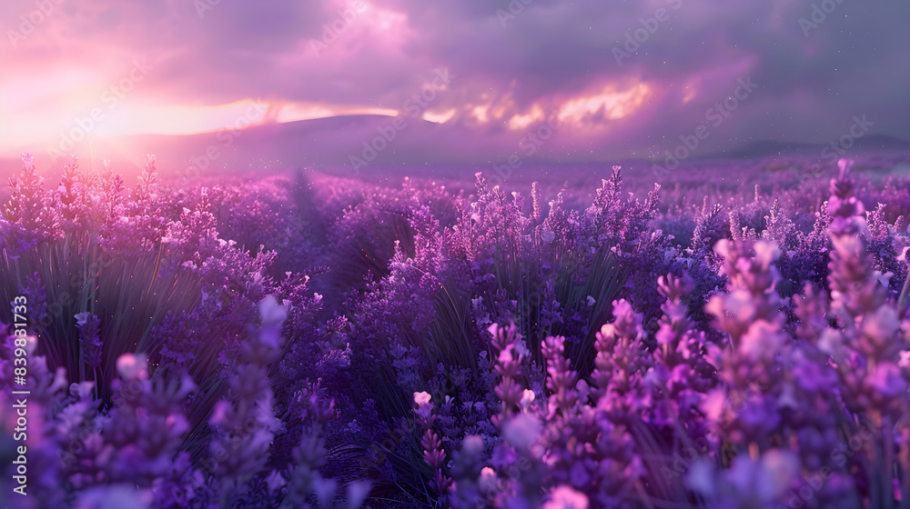 Naklejka premium Lavender Fields in Bloom at Dusk