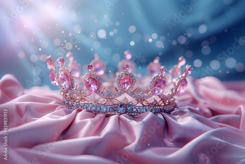 Corona con piedras color rosa sobre una tela de seda suave rosa, iluminada con luz natural. Corona de quinceañera, imagen ideal para tarjeta de invitacion XV años