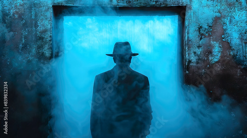 Silhouette of mystery man in hat blue fog doorway, atmospheric enigmatic entrance, secretive moody arrival
