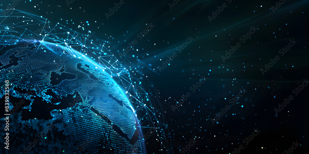 Obraz premium Abstract digital blue earth with glowing dots on black background, technology and global network concept.